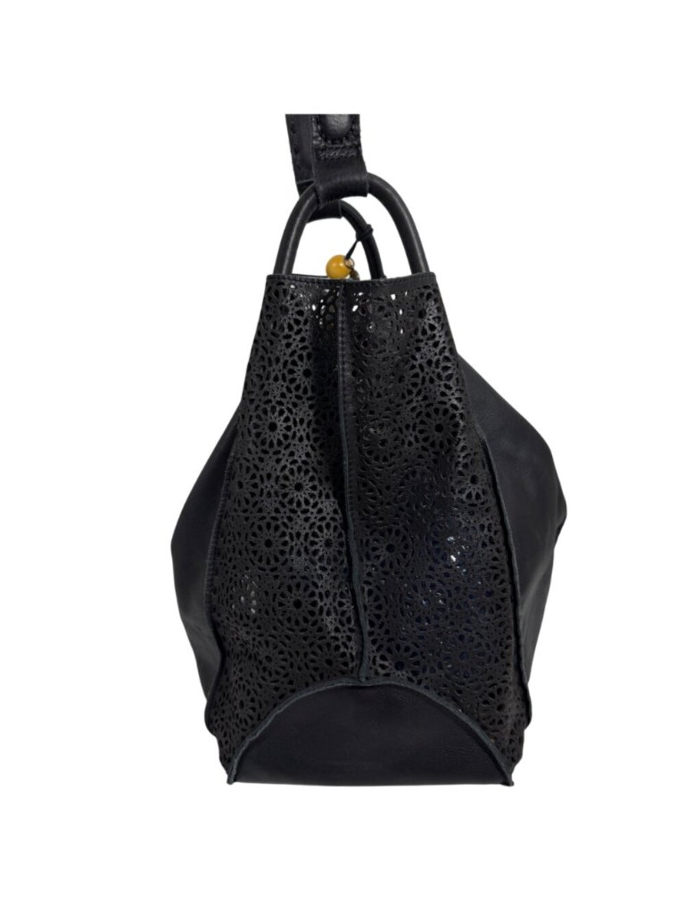 The Sak Los Feliz Slouchy Boho Tote Black Leather Moroccan Lasercut + Tassels - Picture 4 of 12